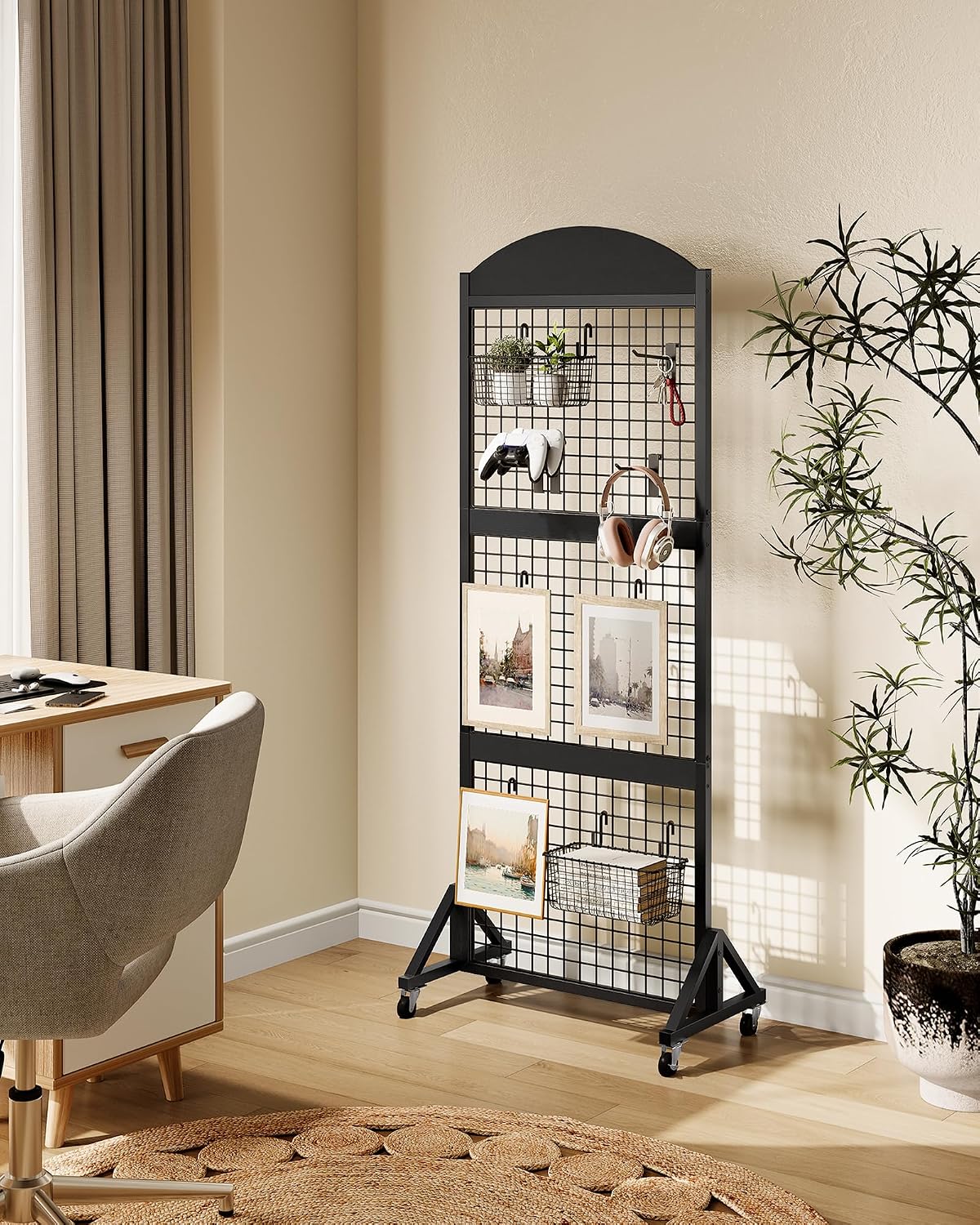 CHOEZON 2 Packs Grid Wall Panel 5.7' x 2' FT Grid Display Rack with Wheels, Movable Gridwall Display Stand with 8 S-Shaped Hooks and 8 Garment Hooks, Floorstanding Wire Grid Rack, Black TCJ17P2BB