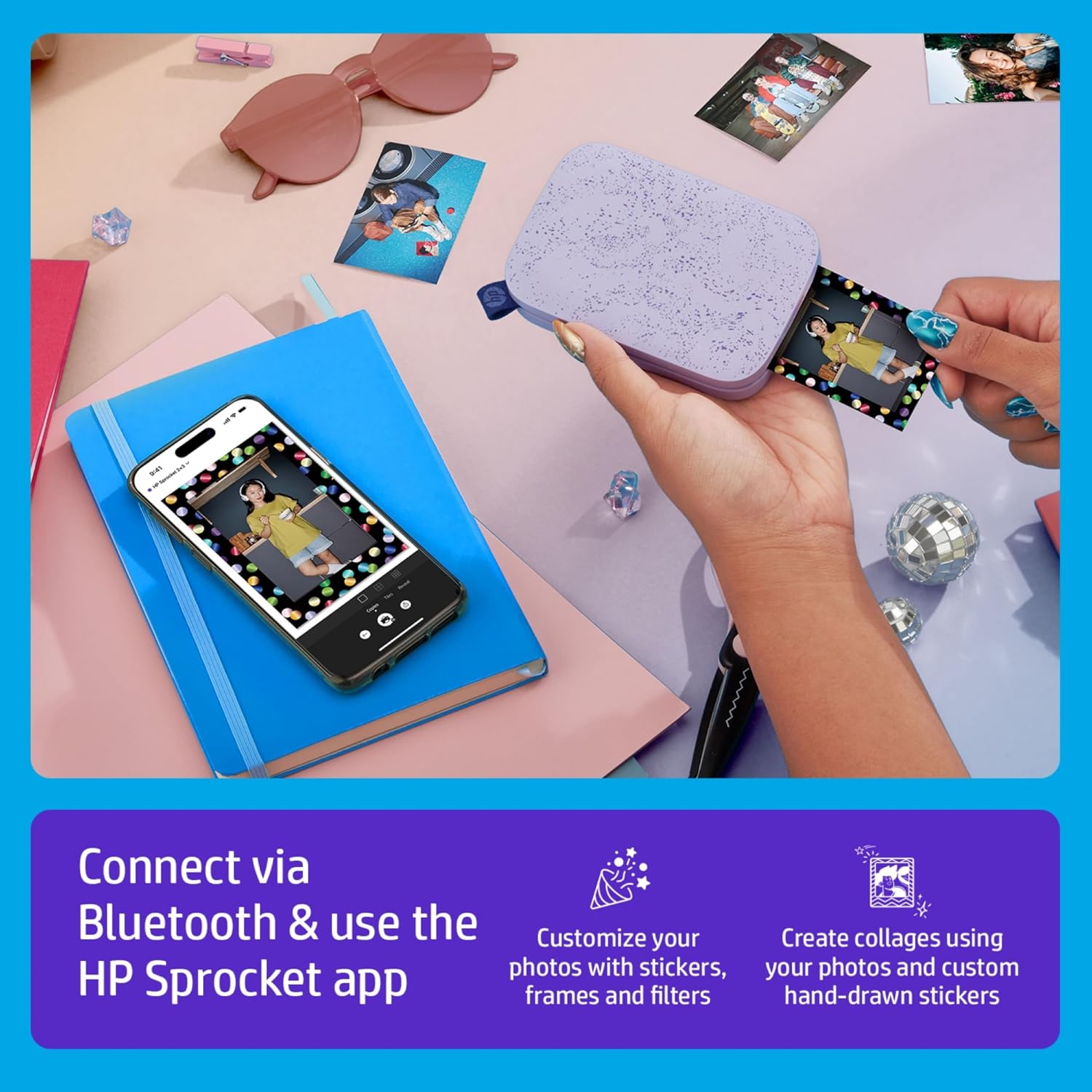 HP Sprocket 2x3 Instant Smartphone Photo Printer 75 Sheets Bundle - Bluetooth Portable Color Wireless Mobile Printer (Purple) Zink Sticky-Back Photos
