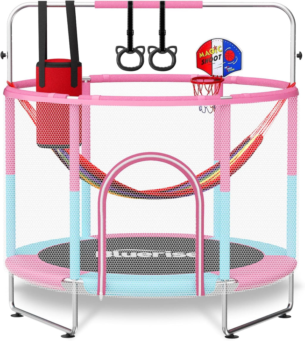 BLUERISE 60' Trampoline for Kids 5FT Toddler Trampolines Indoor/Outdoor with Adjustable Gymnastics Bar & Safety Net, No-Gap Design, Anti-Rollover Bottom, Basketball Hoop, Gifts for Boys & Girls