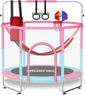 BLUERISE 60' Trampoline for Kids 5FT Toddler Trampolines Indoor/Outdoor with Adjustable Gymnastics Bar & Safety Net, No-Gap Design, Anti-Rollover Bottom, Basketball Hoop, Gifts for Boys & Girls
