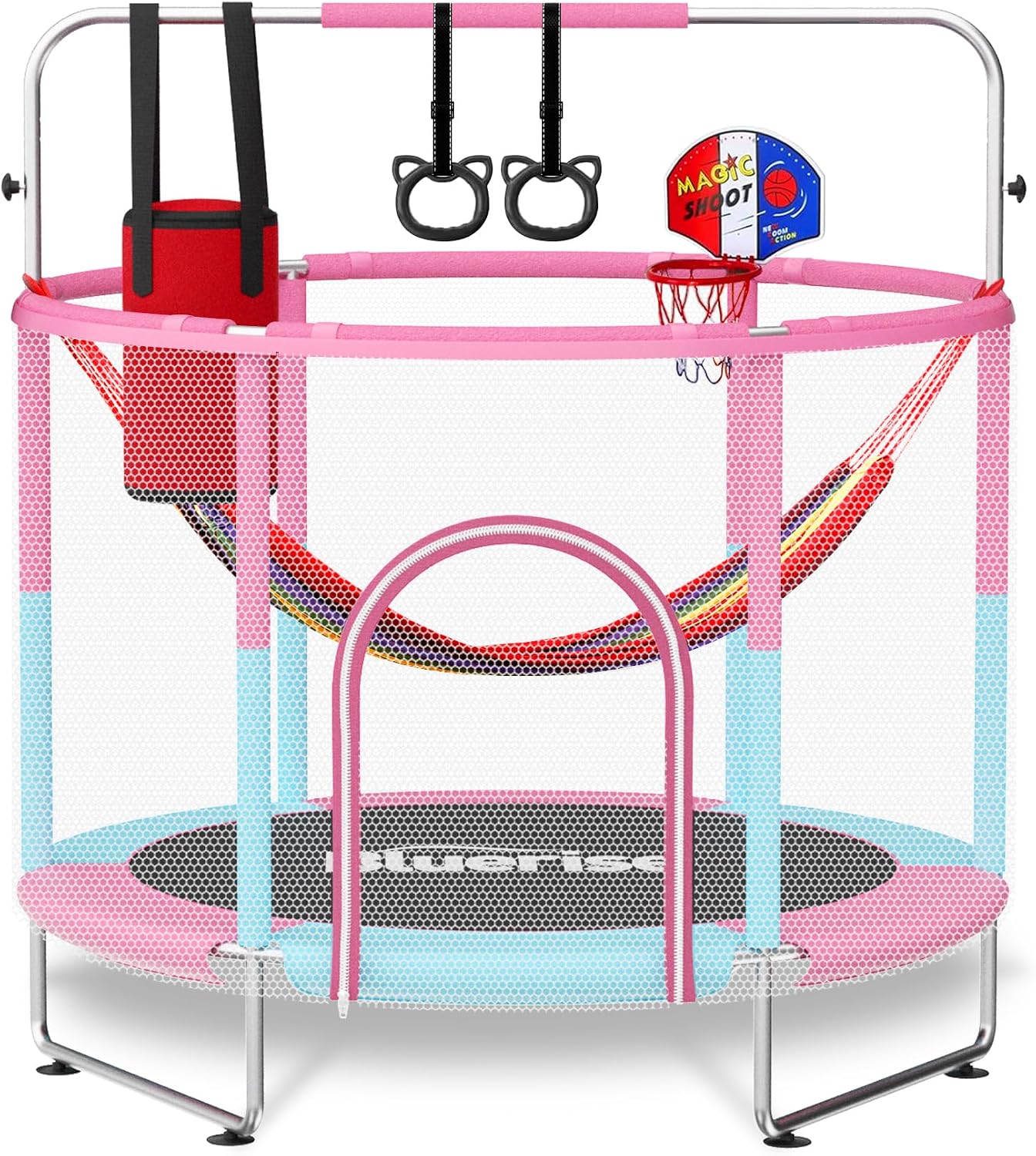 BLUERISE 60' Trampoline for Kids 5FT Toddler Trampolines Indoor/Outdoor with Adjustable Gymnastics Bar & Safety Net, No-Gap Design, Anti-Rollover Bottom, Basketball Hoop, Gifts for Boys & Girls