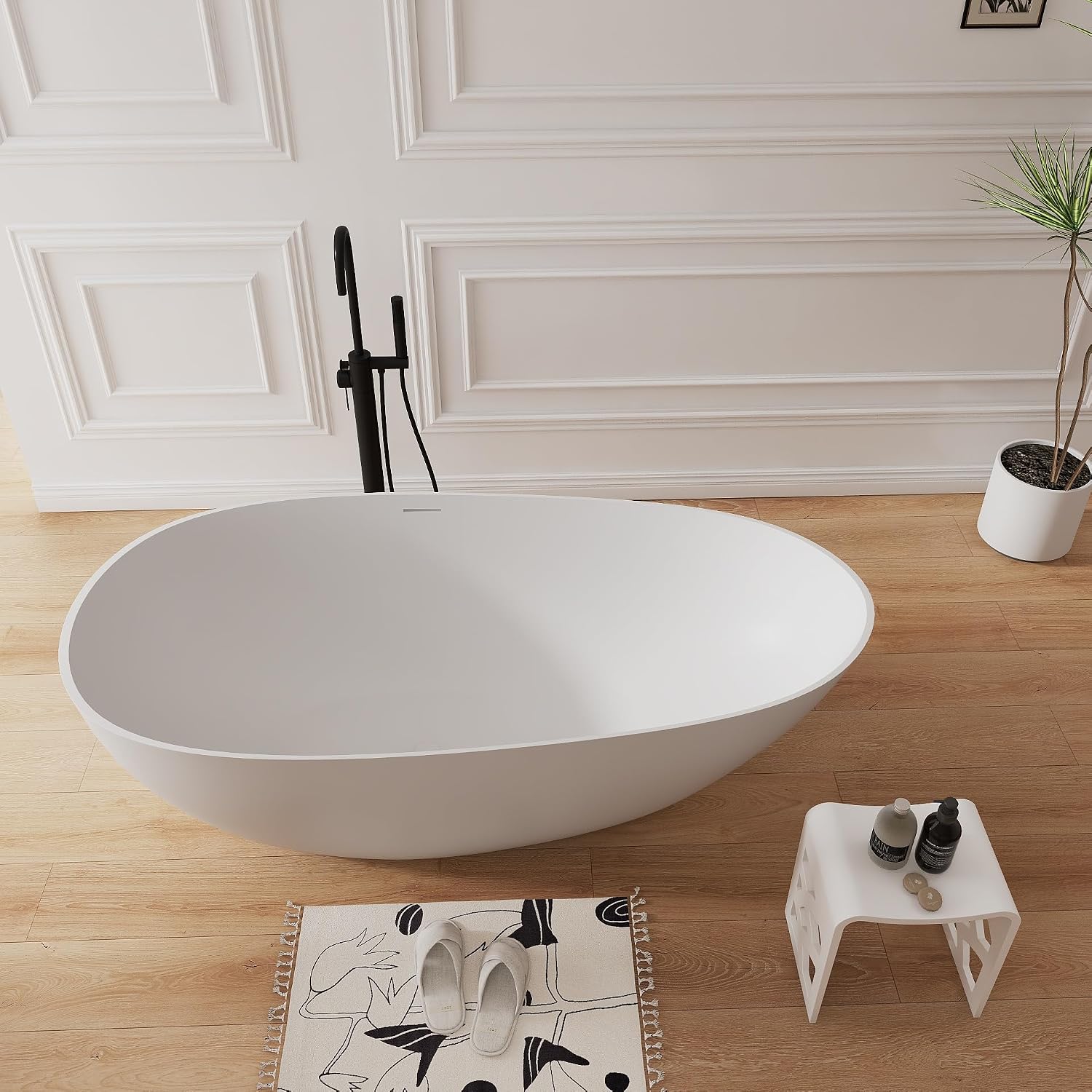 67' Upgraded Solid Surface Freestanding Bathtub,Oval Shape Stone Resin Soaking Tubs with Pop-up Drain and Overflow, Matte White