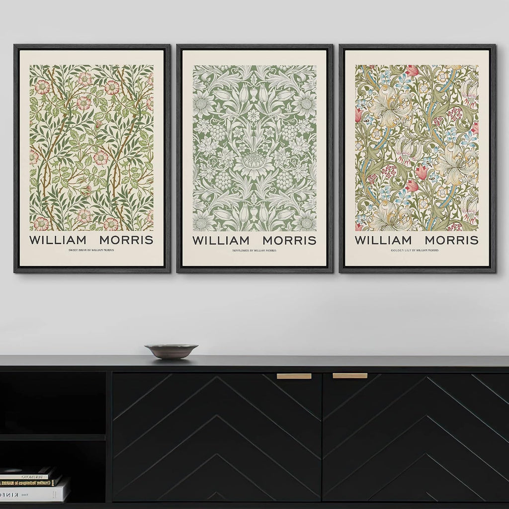 wall26 Framed Canvas Print Wall Art Set William Morris Flower Pattern Tapestries Nature Floral Illustrations Fine Art Decorative Botanical Rustic for Living Room, Bedroom, Office - 16'x24'x3 Black