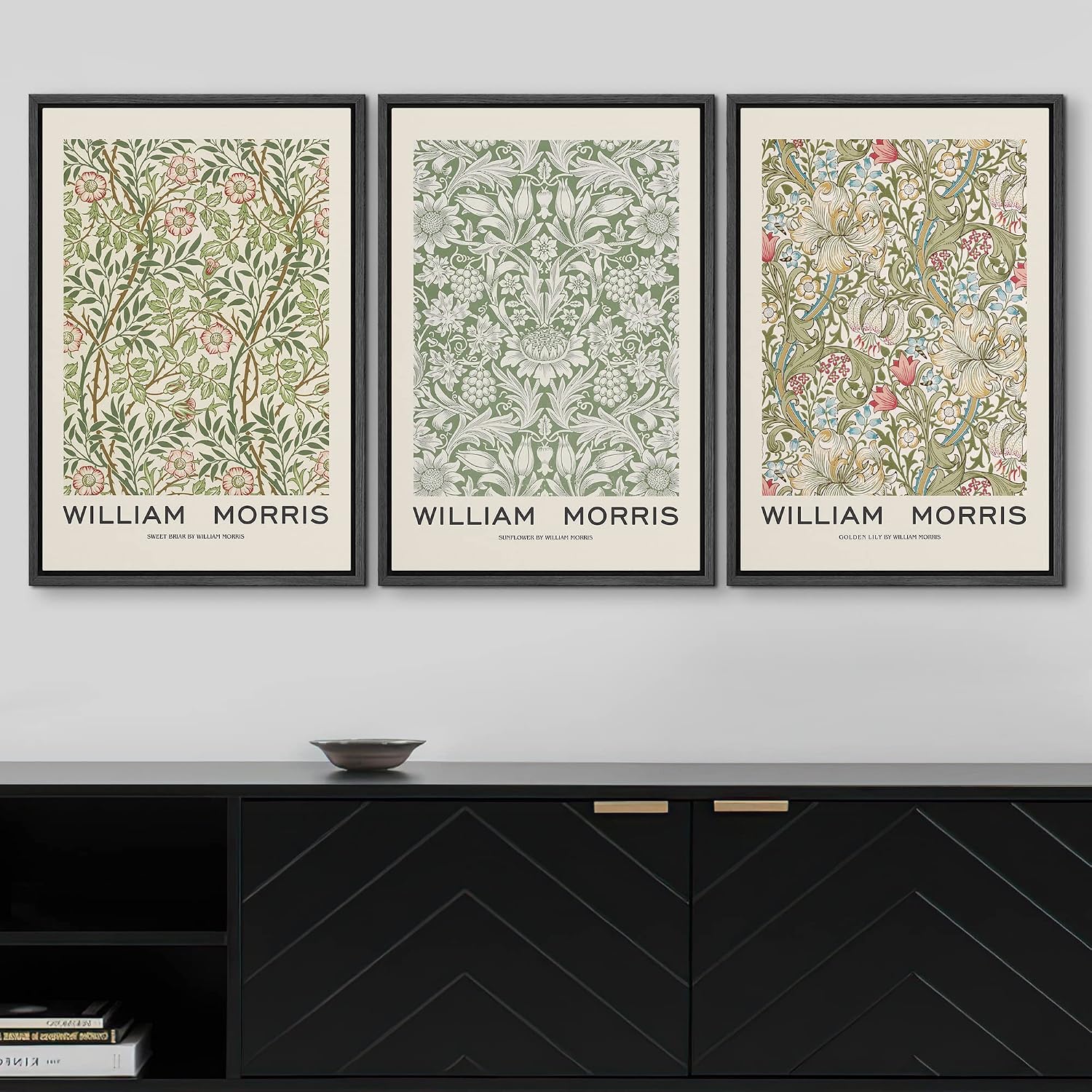 wall26 Framed Canvas Print Wall Art Set William Morris Flower Pattern Tapestries Nature Floral Illustrations Fine Art Decorative Botanical Rustic for Living Room, Bedroom, Office - 16'x24'x3 Black