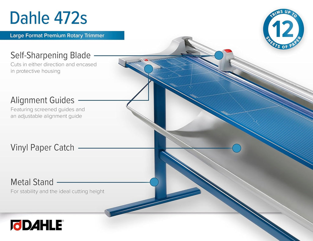 Dahle 472s Premium Rotary Trimmer w/Stand, 72' Cut Length, 12 Sheet Capacity, Self-Sharpening, Automatic Clamp, German Engineered Paper Cutter