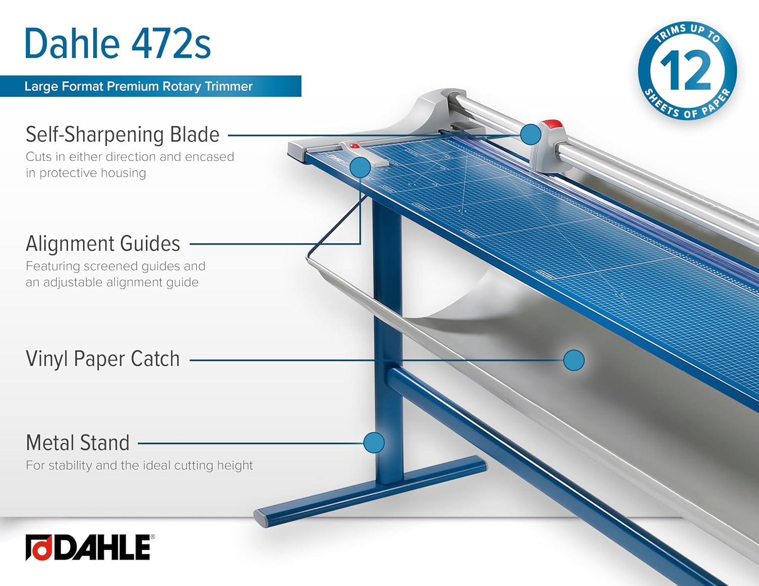 Dahle 472s Premium Rotary Trimmer w/Stand, 72' Cut Length, 12 Sheet Capacity, Self-Sharpening, Automatic Clamp, German Engineered Paper Cutter