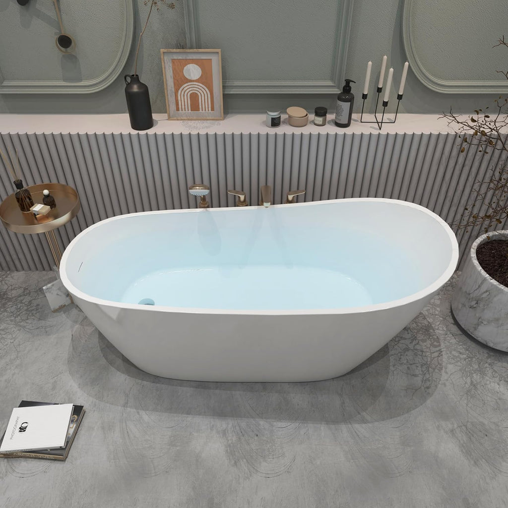 Acrylic Freestanding Contemporary Soaking Tub A29-59 Series 59' Bathtub White Modern Stand Alone Tub with Overflow and Pop-up Drain