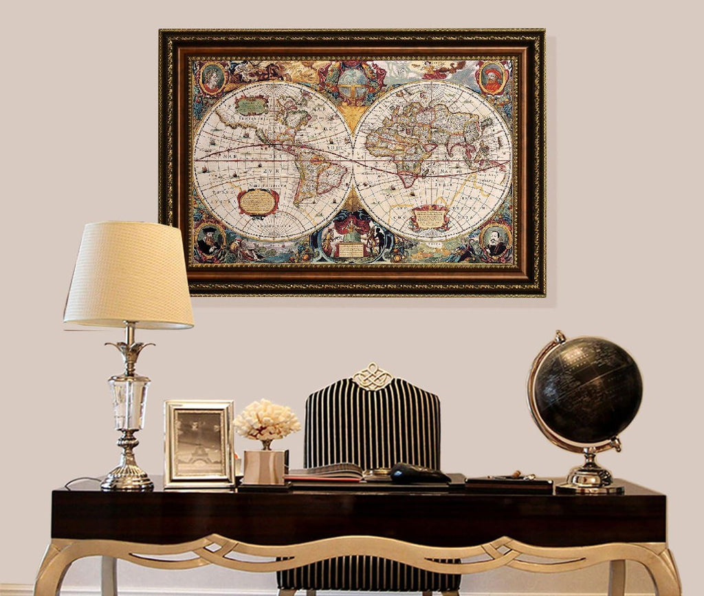ELITEART-Old Vintage World Map Oil Painting Reproduction Giclee Wall Art Canvas Prints-Framed Size:39' x 28'