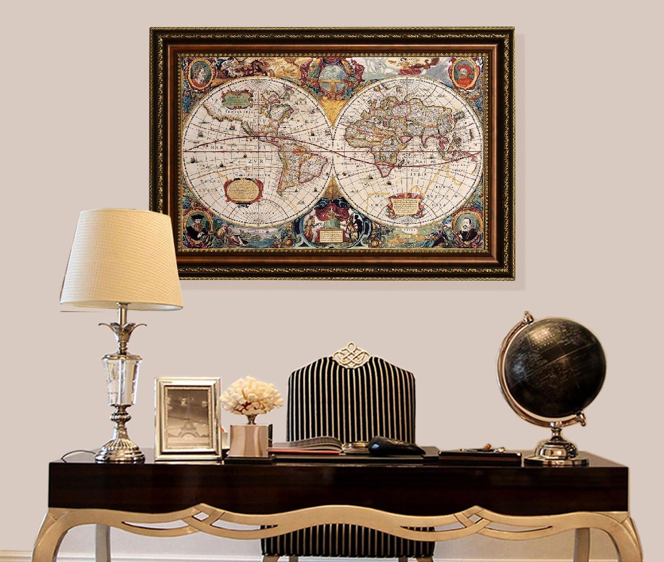 ELITEART-Old Vintage World Map Oil Painting Reproduction Giclee Wall Art Canvas Prints-Framed Size:39' x 28'