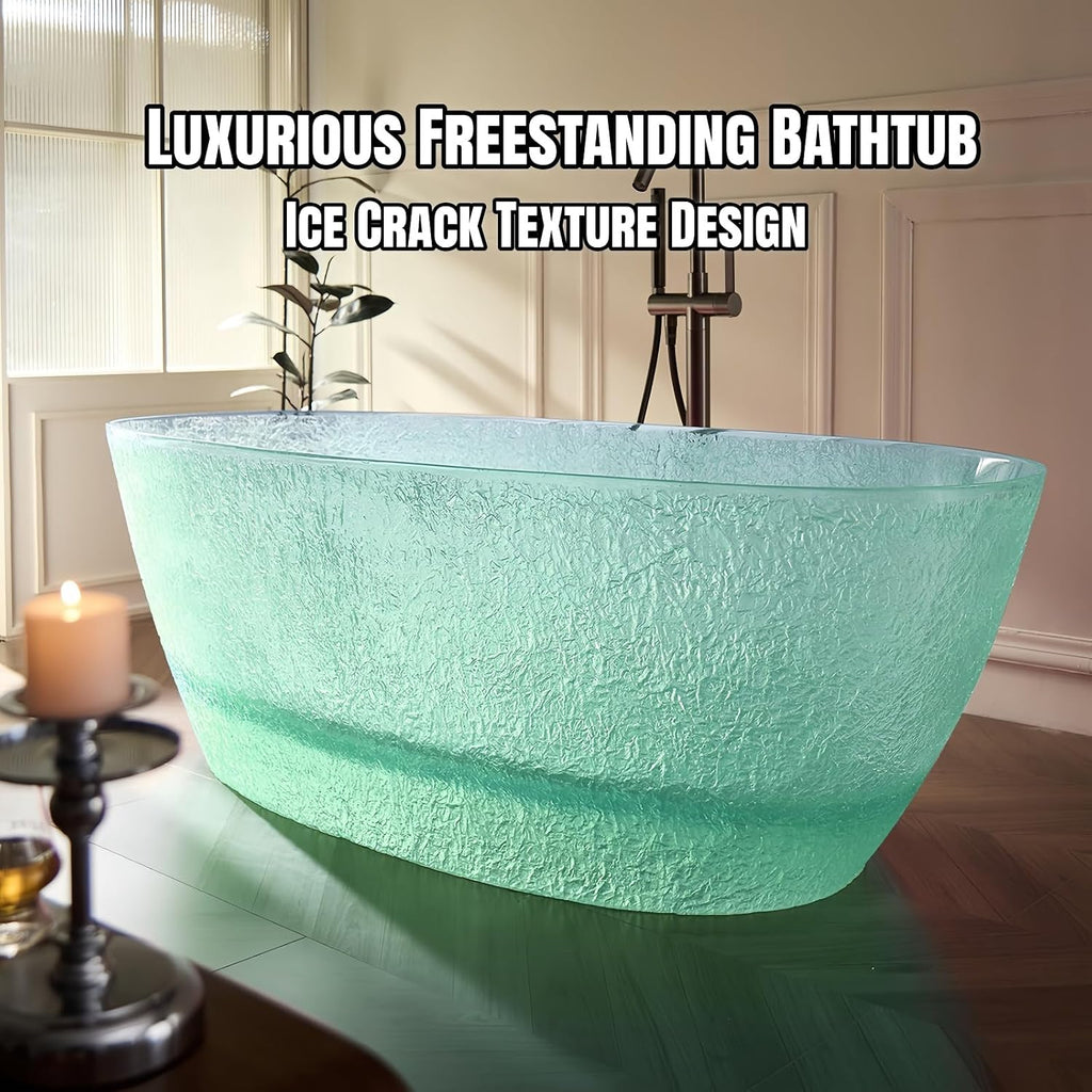 59' Edeyeu Freestanding Bathtub – Oval Ice Crack Solid Surface Bathtub, Luxury Extra Deep Soaking Tub In Natural Resin, Stand Alone Free Standing Tub For Modern Bathroom Design B