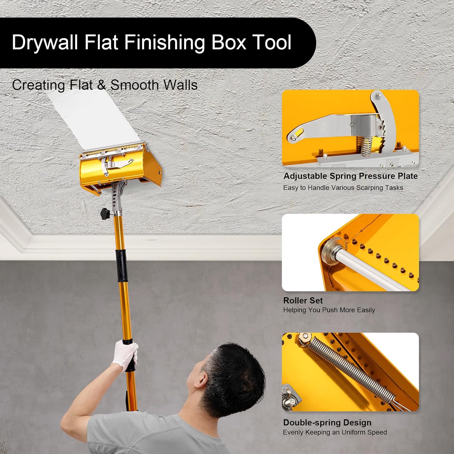 Drywall Flat Finishing Box, Flat Finishing Box Tool Aluminum Alloy Adjustable Drywall Mud Boxs Compound Mud Taping Tool w/Extension Handle for Professional Putty Workers Decorators