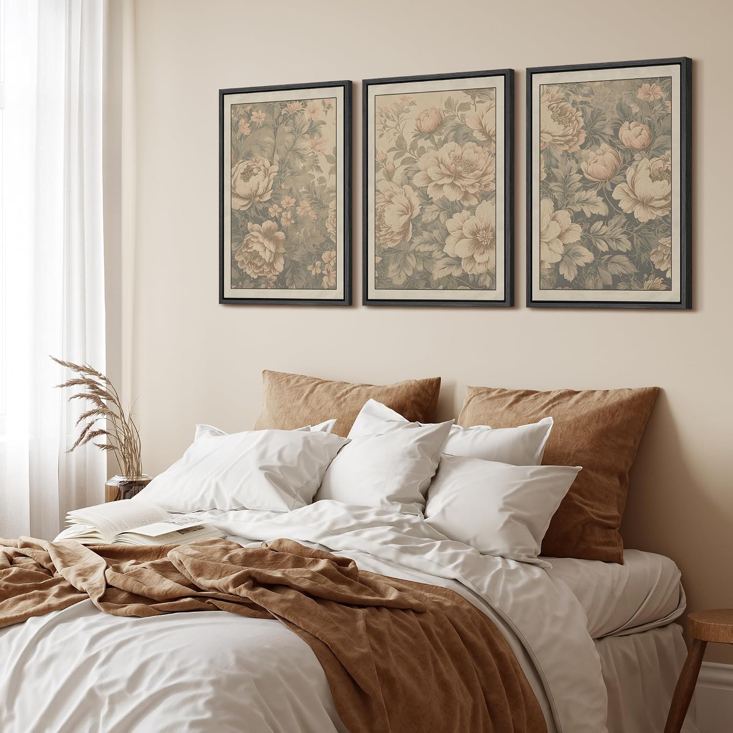 wall26 Framed Canvas Print Wall Art Set Antique Style Floral Beige and Blush Peony with Vintage Botanical Photography Modern Art Decorative for Living Room, Bedroom, Office - 24'x36'x3 Black