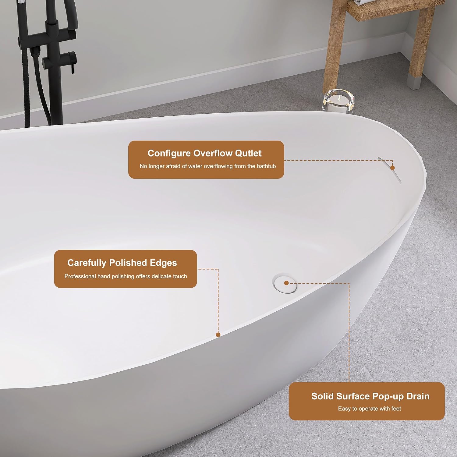 SJ STAR&JANE 65' Solid Surface Freestanding Bathtub, Matte White Oval Soaking Stone Resin Tub with Overflow and Pop-up Drain for Modern Bathrooms