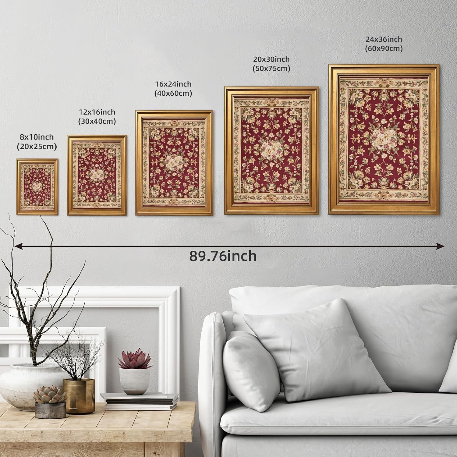 Framed Vintage Red Floral Tapestry Style Canvas Wall Art Antique Botanical Pattern Print Medieval Persian Textile Picture Artwork Traditional Flower Decor for Living Room Bedroom Office 24x36inch