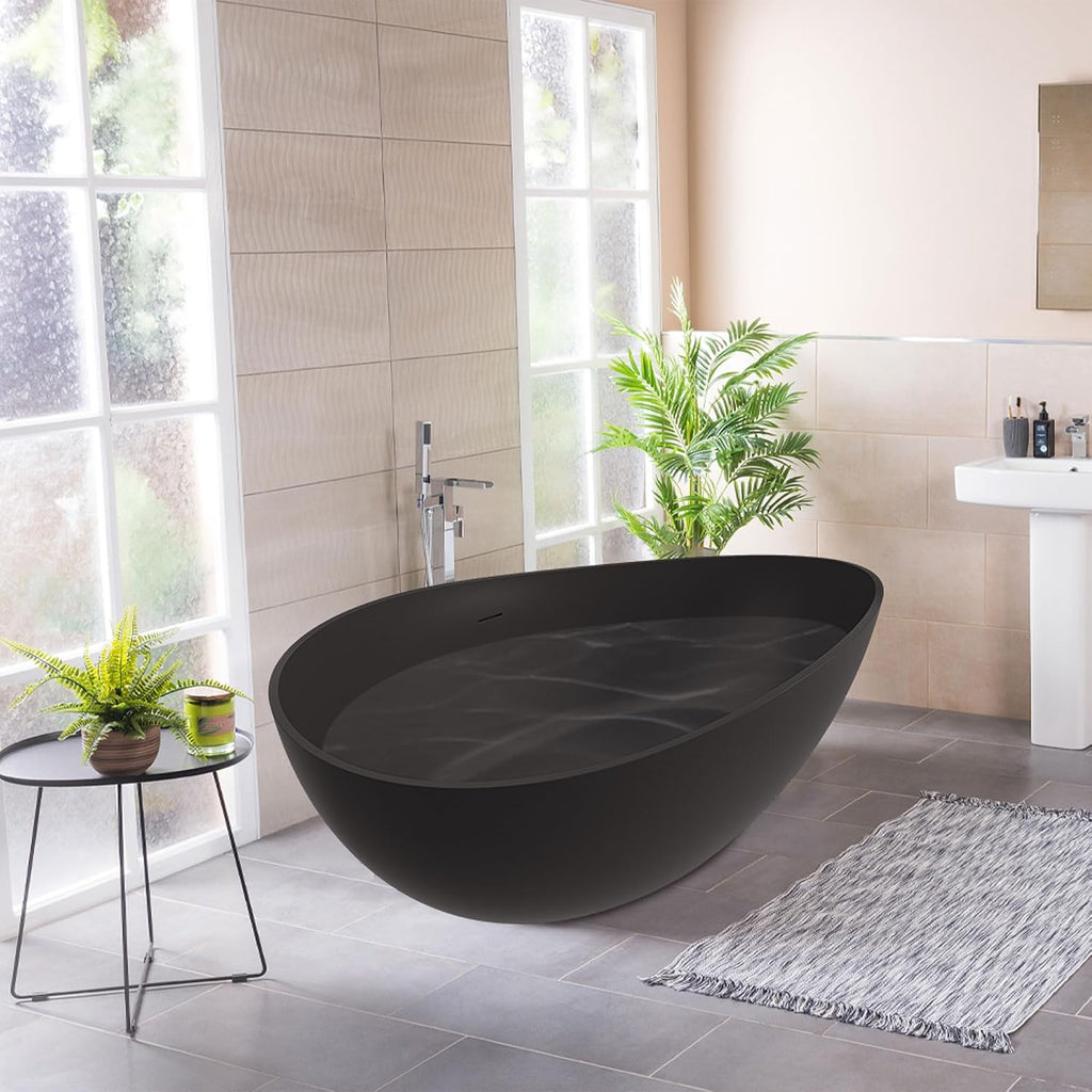 CASAINC 63' Free Standing Tub, Matte Black Stone Resin Freestanding Bathtub Solid Surface Soaking Tub with Drain, Drain Hose & Sanding Paper