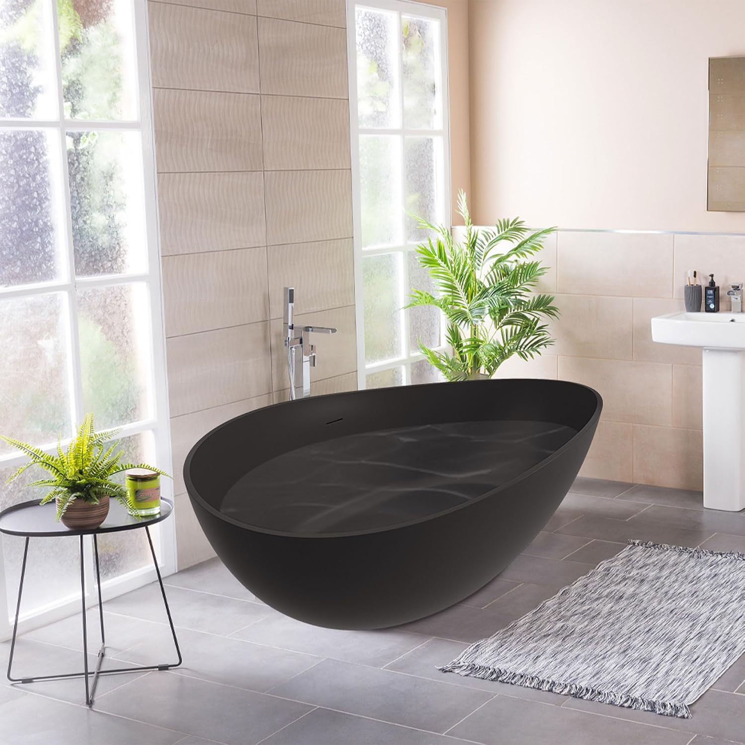 CASAINC 63' Free Standing Tub, Matte Black Stone Resin Freestanding Bathtub Solid Surface Soaking Tub with Drain, Drain Hose & Sanding Paper