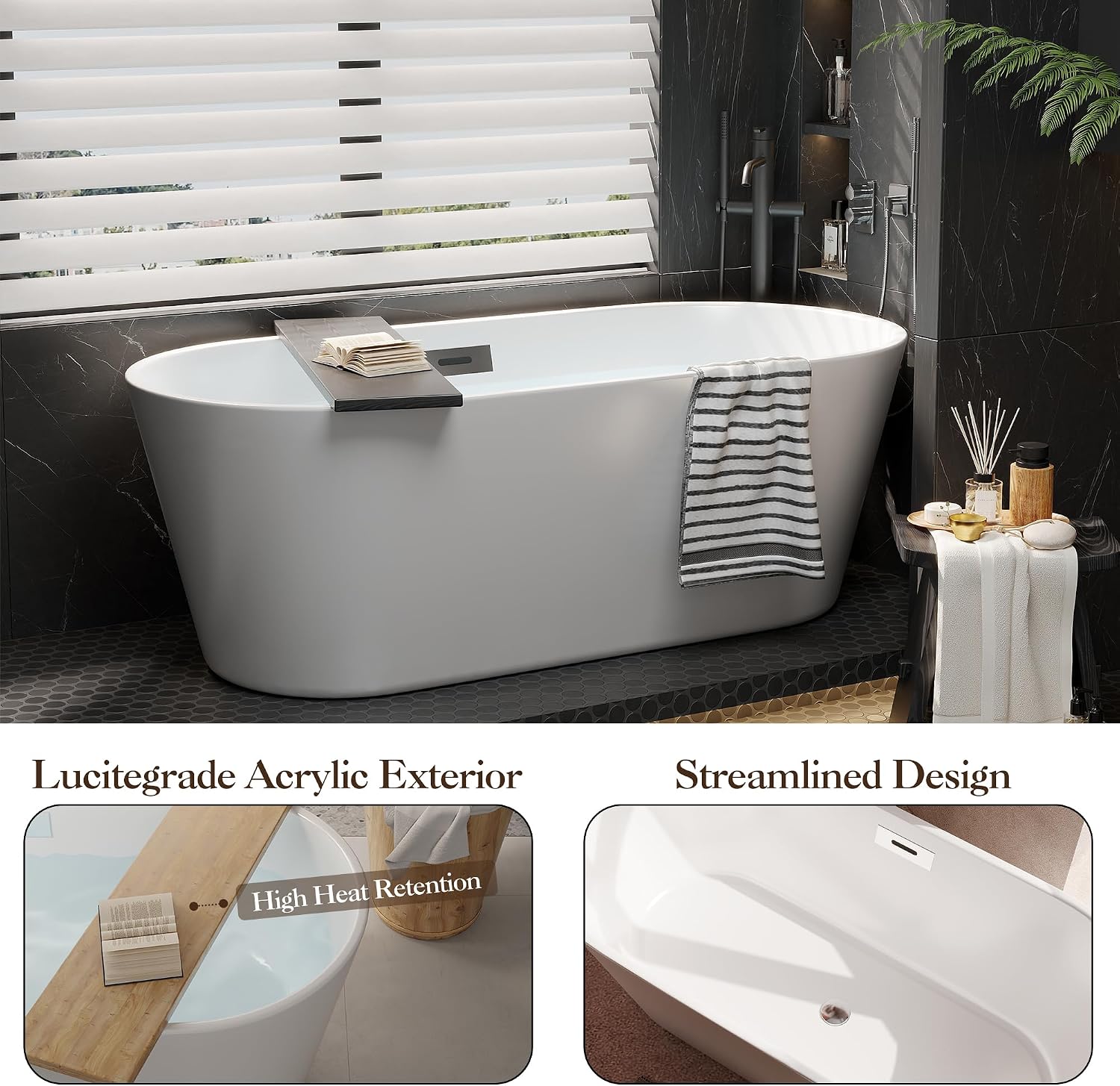 67-Inch Freestanding Acrylic Bathtub in White Finish | Chrome Drain & Overflow with Ergonomic Oval Design | Modern Soaking Tub for Family & Guest Bathrooms