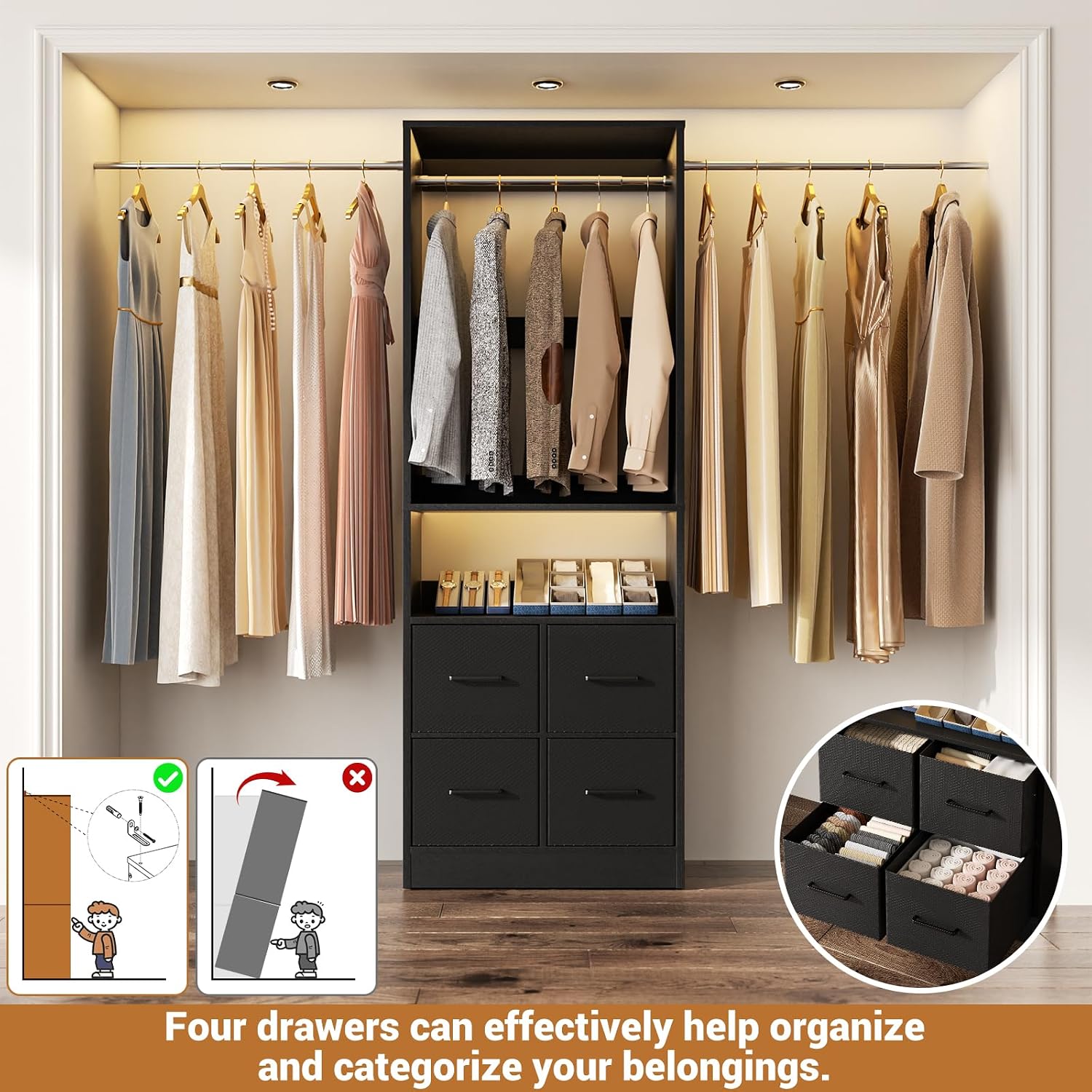 8FT Closet System, 96 Inch Closet Organizer System with 4 Fabric drawers, Heavy Duty Clothing Rack with Hanging Rods, Walk In Mounted Closet System, Built-In Clothes Garment Rack, Black