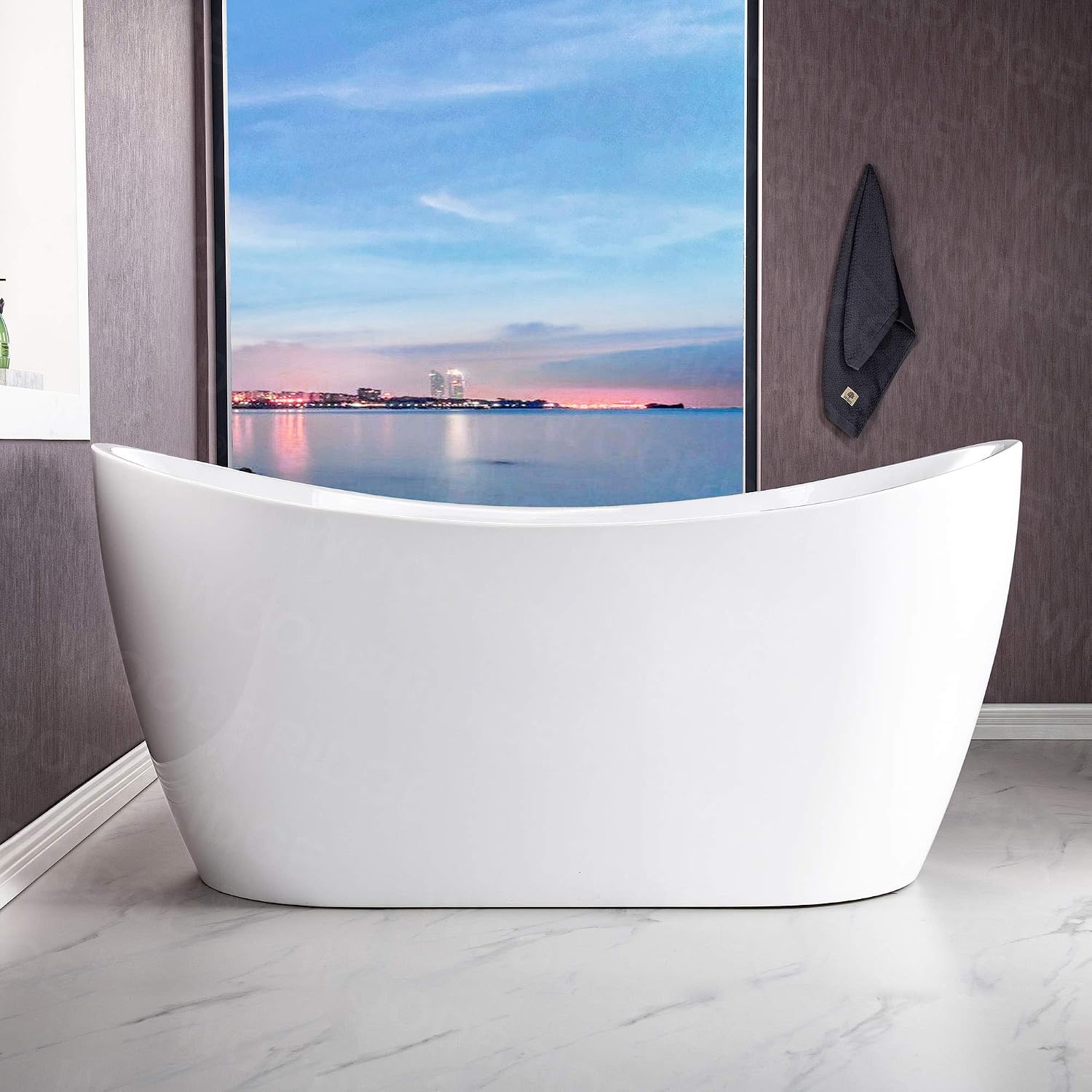WOODBRIDGE 67' Acrylic Freestanding Bathtub Contemporary Soaking Tub, White Acrylic (Brushed Nickel Drain/Overflow) with Pillow