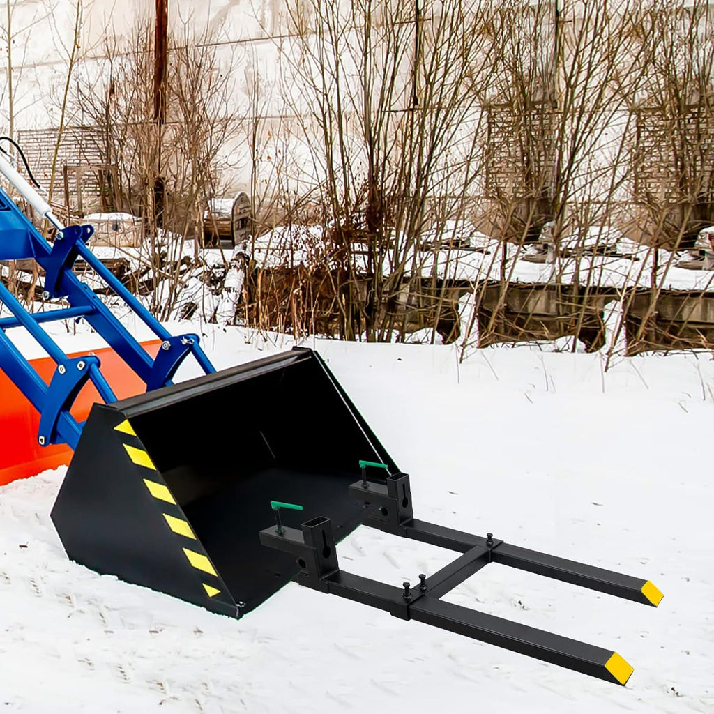 Clamp on Pallet Forks with Adjustable Stabilizer Bar 60' 1500lbs Max, Heavy Duty Pallet Forks Clamp On for Tractor Bucket