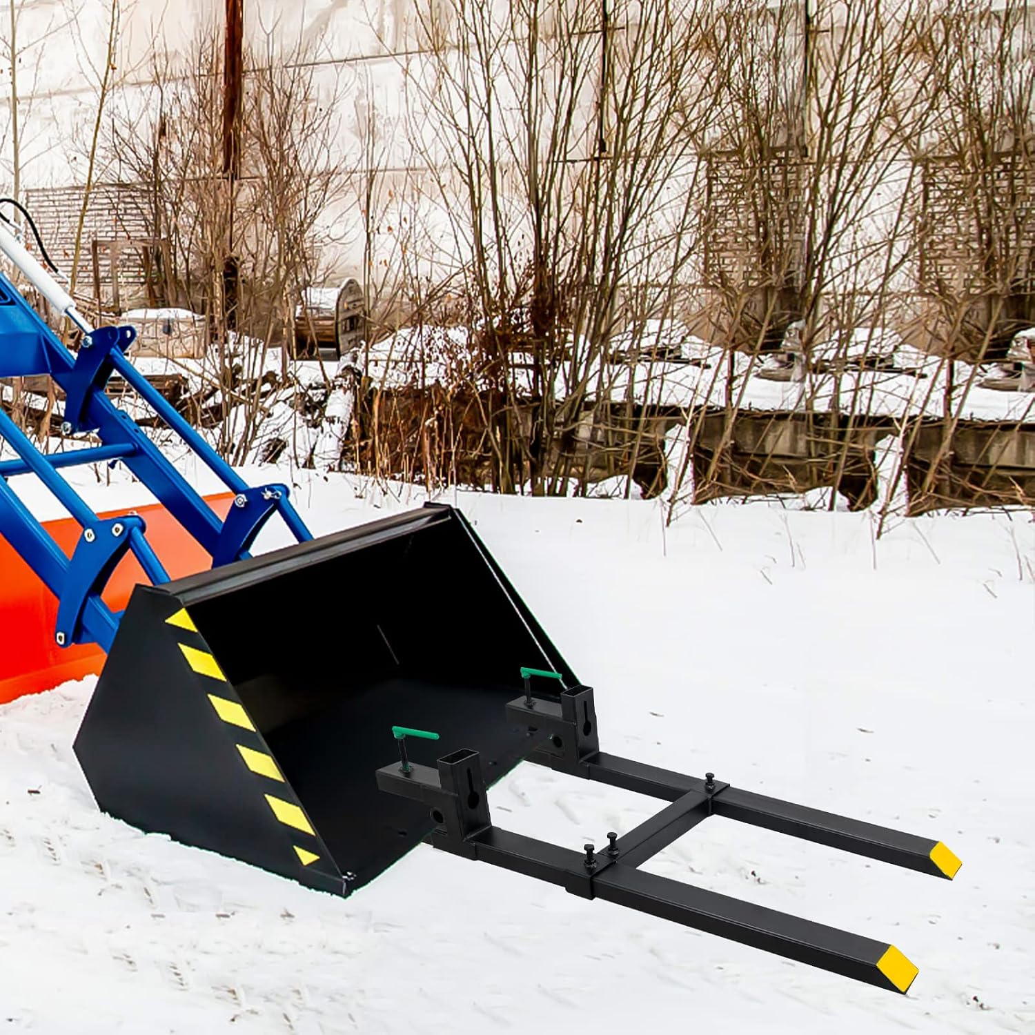 Clamp on Pallet Forks with Adjustable Stabilizer Bar 60' 1500lbs Max, Heavy Duty Pallet Forks Clamp On for Tractor Bucket