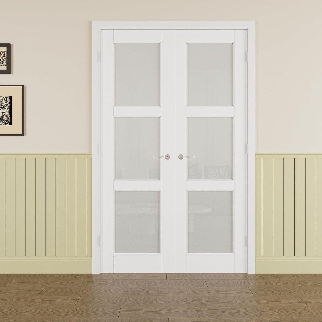 Prehung French Door 36' x 80' (2x18 in), Tempered Frosted Glass Door Slabs with Jamb, Silver Hinges, 4 Levers & Latch, Solid Core Interior Door, Pre-Finished & Paintable, MDF Double Doors Interior