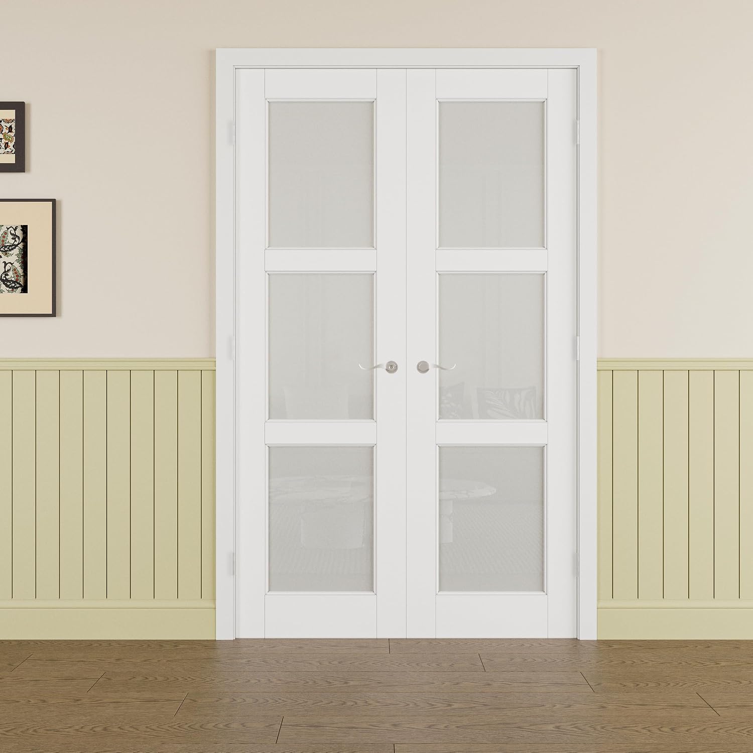 Prehung French Door 36' x 80' (2x18 in), Tempered Frosted Glass Door Slabs with Jamb, Silver Hinges, 4 Levers & Latch, Solid Core Interior Door, Pre-Finished & Paintable, MDF Double Doors Interior
