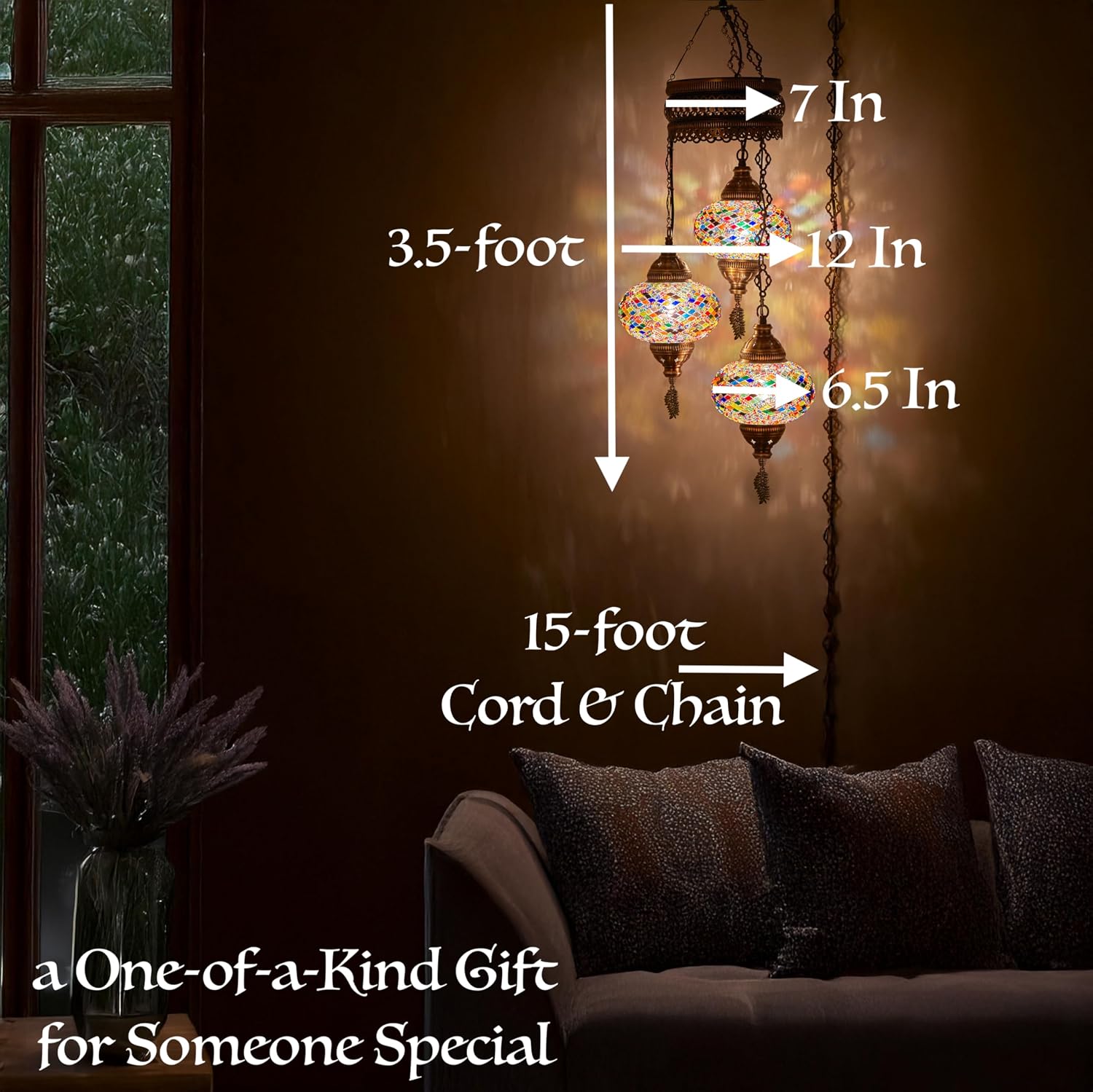 DEMMEX Plug-in Turkish Hanging Lamp, Handmade Moroccan Mosaic Chandelier Pendant Light Fixture with 15-ft Cord & Chain, Decorative Ceiling Lamp for Living Room, Bedroom, 3 Large 7'' Globes, 3.5 ft.