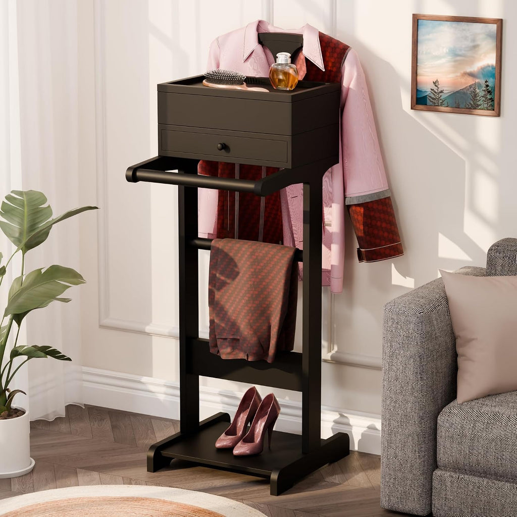 Brefhome Luxury Mens Valet Stand with Storage Drawer & Jewelry Tray, Executive Wooden Clothes Rack for Men Women, Garment Organizer for Suit, Tie, Pant, Watch & Phone, Black (Box + Drawer)