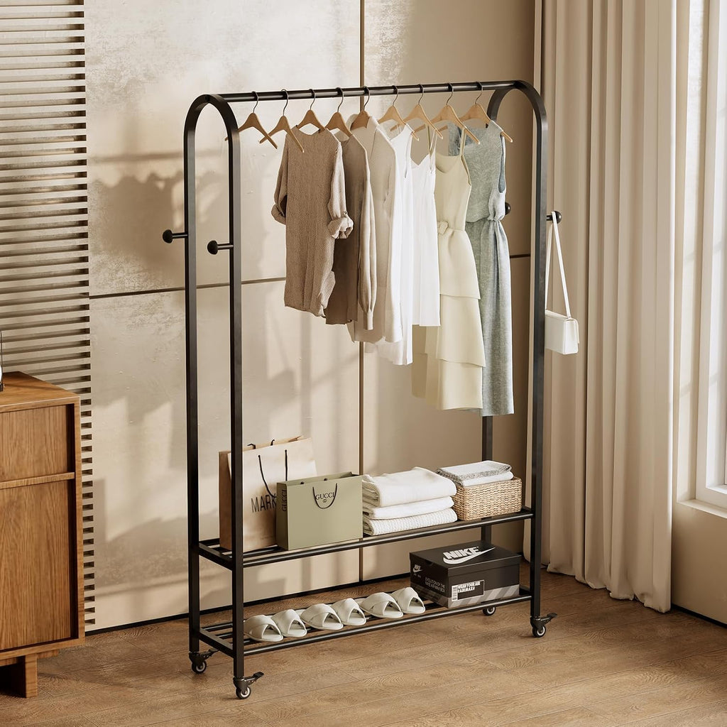 Sturdy Heavy Duty Clothes Rack With Wheels,Modern Clothing Rack With Shelves & hooks, Garment Racks for Hanging Clothes,Closet Rack for Bedroom,49.2in Wide,Clothes Storage and Display (black)