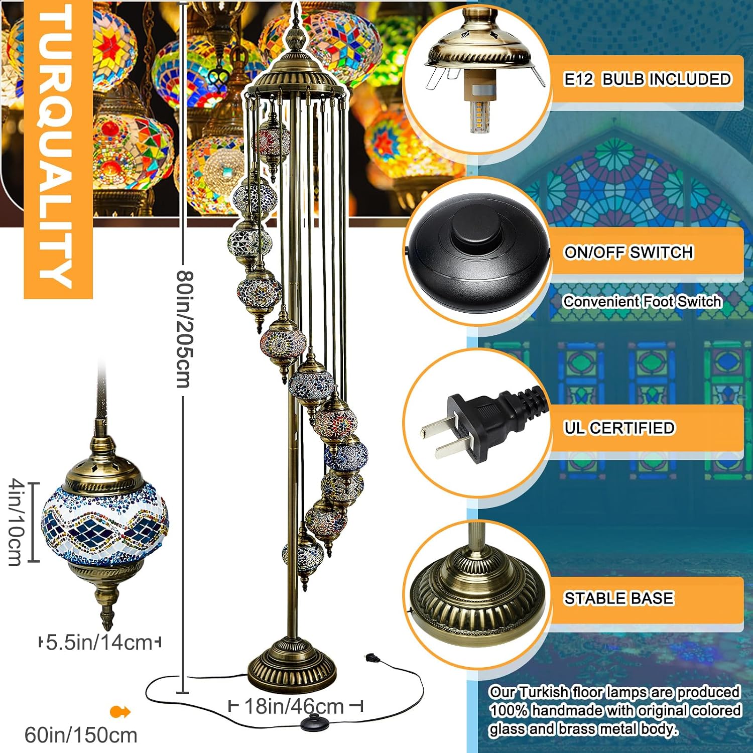 Hortsun Turkish Lamp Moroccan Floor Lamp Handmade Globe Living Floor Lighting Bohemia Standing Lighting for Decorative Home Designs(Floor,11 Globes Style)