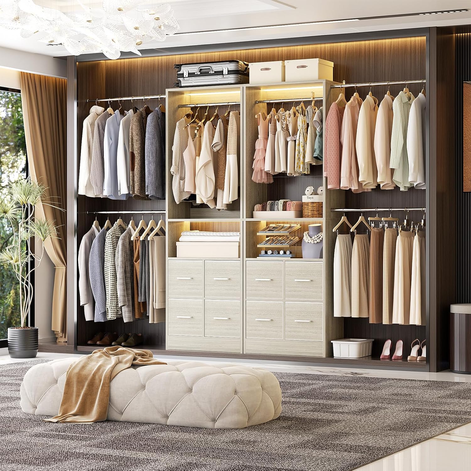 8FT Closet System, 96 Inch Closet Organizer System with 4 Fabric drawers, Heavy Duty Clothing Rack with Hanging Rods, Walk In Mounted Closet System, Built-In Clothes Garment Rack, Oak