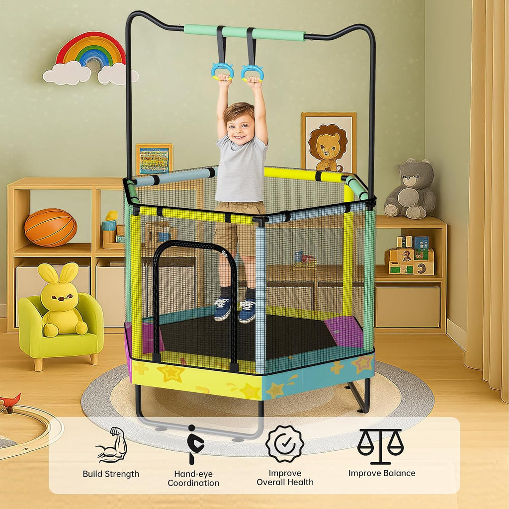 Lamerge Kids Trampoline, Indoor Trampoline Approved by ASTM, Safety Enclosure Net and Adjustable Handrail, 1-8 Children, 500lbs Capacity, 7-in-1, 60'