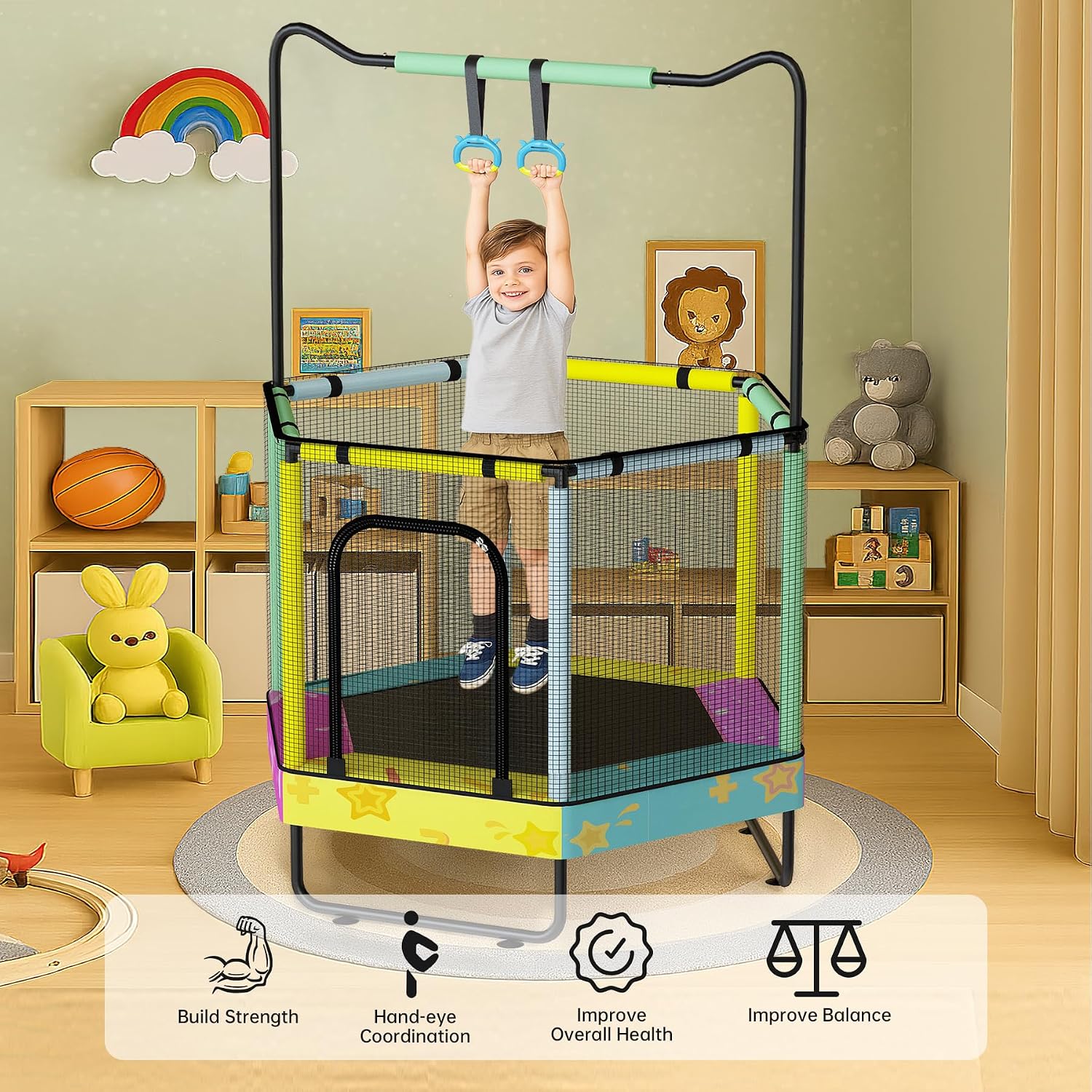 Lamerge Kids Trampoline, Indoor Trampoline Approved by ASTM, Safety Enclosure Net and Adjustable Handrail, 1-8 Children, 500lbs Capacity, 7-in-1, 60'