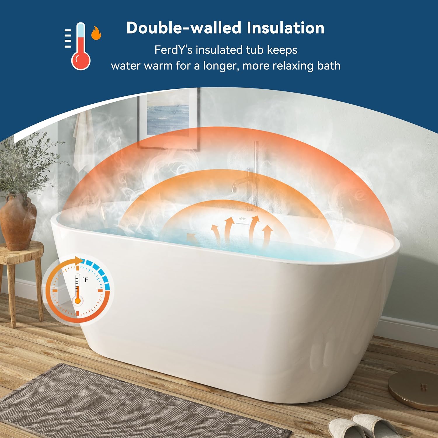 FerdY 67' Acrylic Freestanding Bathtub, Contemporary Soaking tub with Brushed Gold Drain, Elegant Oval Shape, cUPC Certified, Bali
