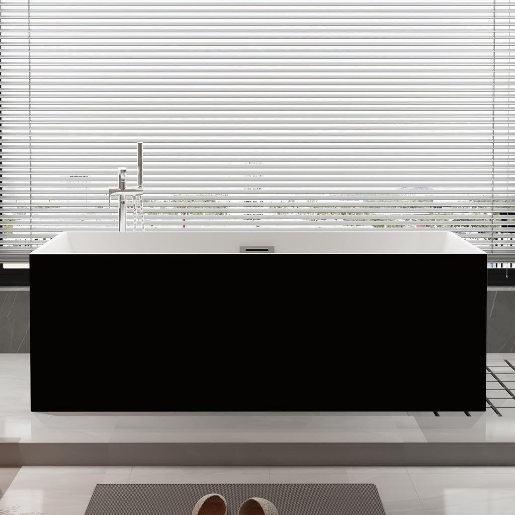 59 inch Black Freestanding Square Soaking Bathtub, Modern Stand Alone Free Standing Acrylic Tub with Center Chrome Drain & Overflow