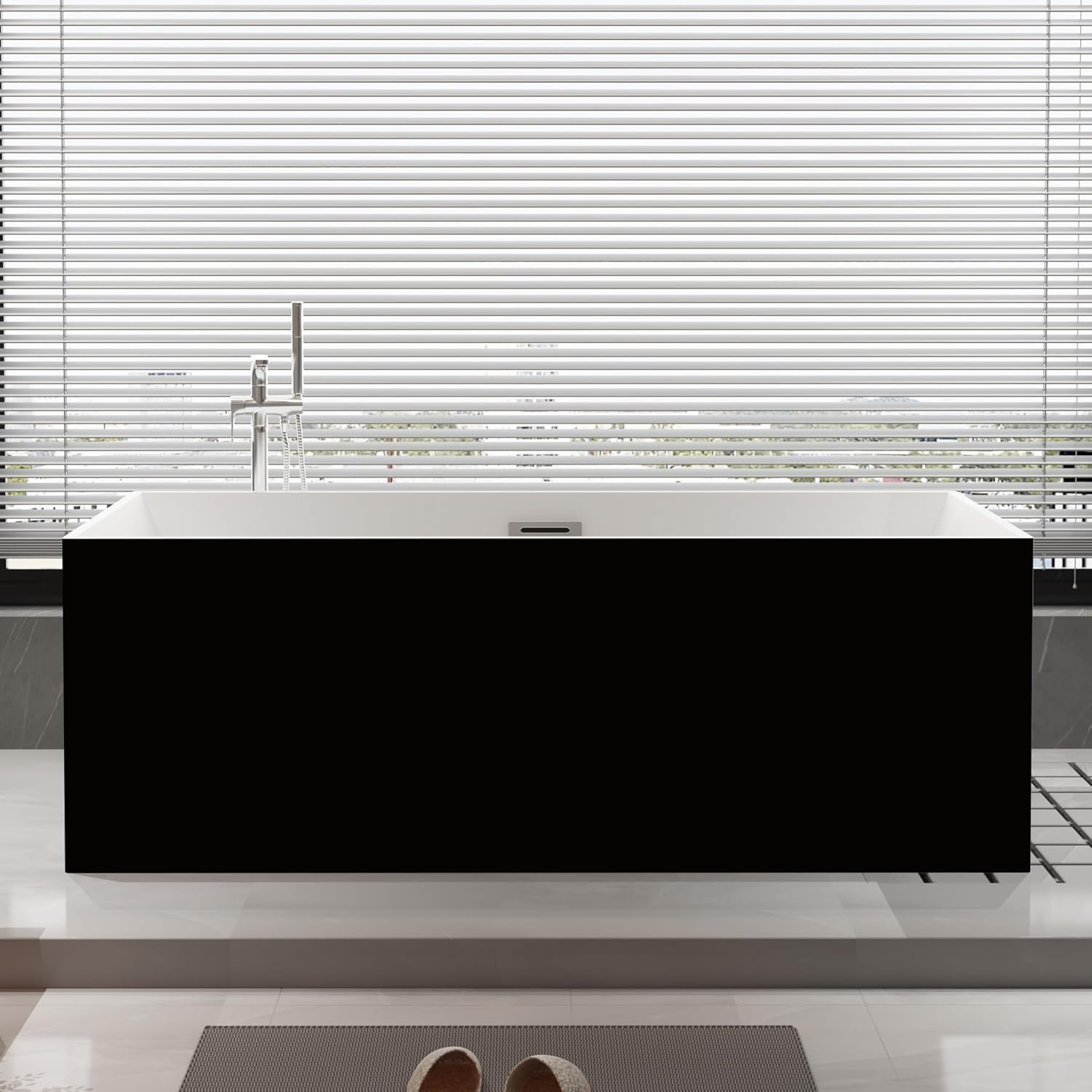 59 inch Black Freestanding Square Soaking Bathtub, Modern Stand Alone Free Standing Acrylic Tub with Center Chrome Drain & Overflow