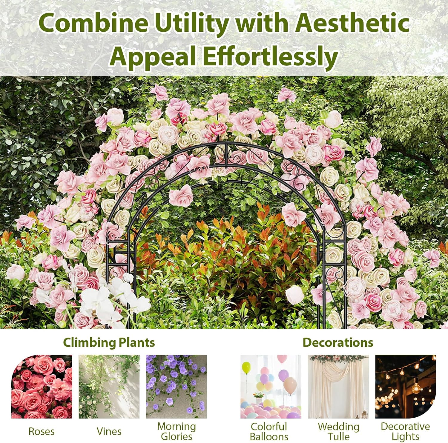 HAPPYGRILL 84' Garden Arbor with Gate & Climbing Trellises, Metal Garden Arch Archway for Outdoor Climbing Plant Rose Vine, Wedding Arch for Ceremony, Backyard Lawn Party Decor Patio Entrance