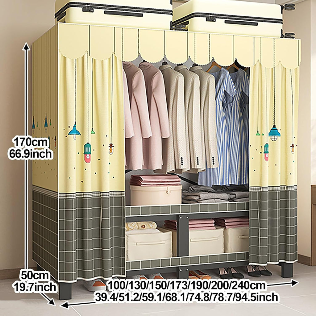 Portable Wardrobe Closets For Hanging Clothes, Foldable Clothe Rack With Cover, Metal Garment Rack For Hanging Rods, Clothing Coat Storage Rack, For Bedroom(Blue2,150cm/59.1inch)