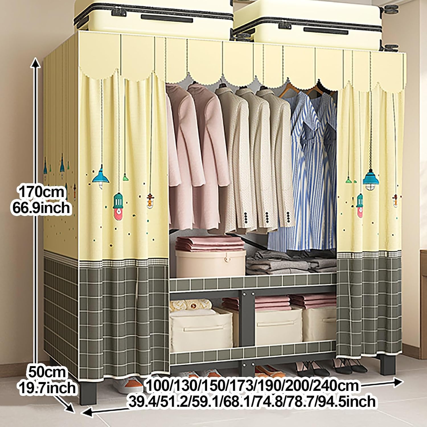 Portable Wardrobe Closets For Hanging Clothes, Foldable Clothe Rack With Cover, Metal Garment Rack For Hanging Rods, Clothing Coat Storage Rack, For Bedroom(Blue2,150cm/59.1inch)
