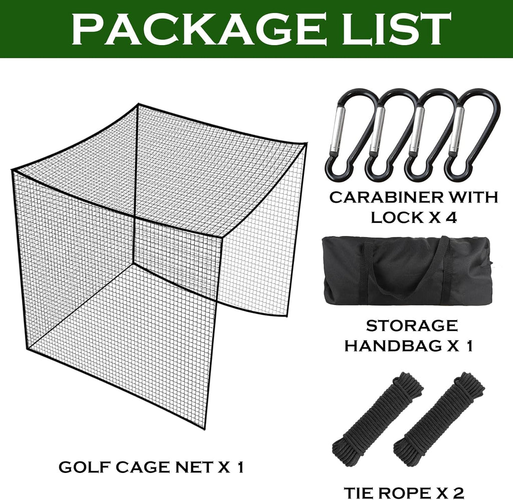 Golf Batting Cage Netting Golf Practice Nets, 10ft x 10ft x 10ft Frame NOT Included, with 4 Carabiners and 2 Tie Rope, for Backyard, Black