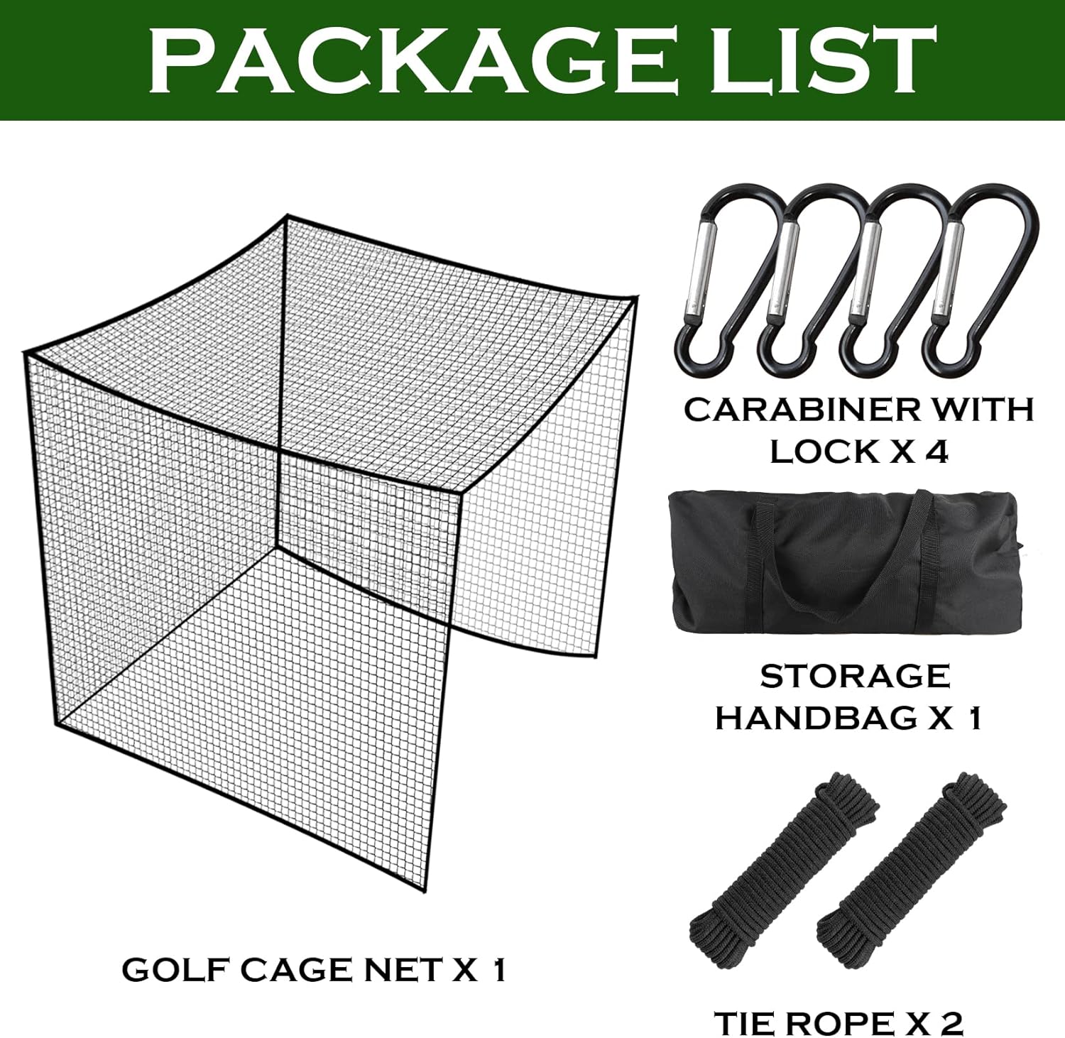 Golf Batting Cage Netting Golf Practice Nets, 10ft x 10ft x 10ft Frame NOT Included, with 4 Carabiners and 2 Tie Rope, for Backyard, Black