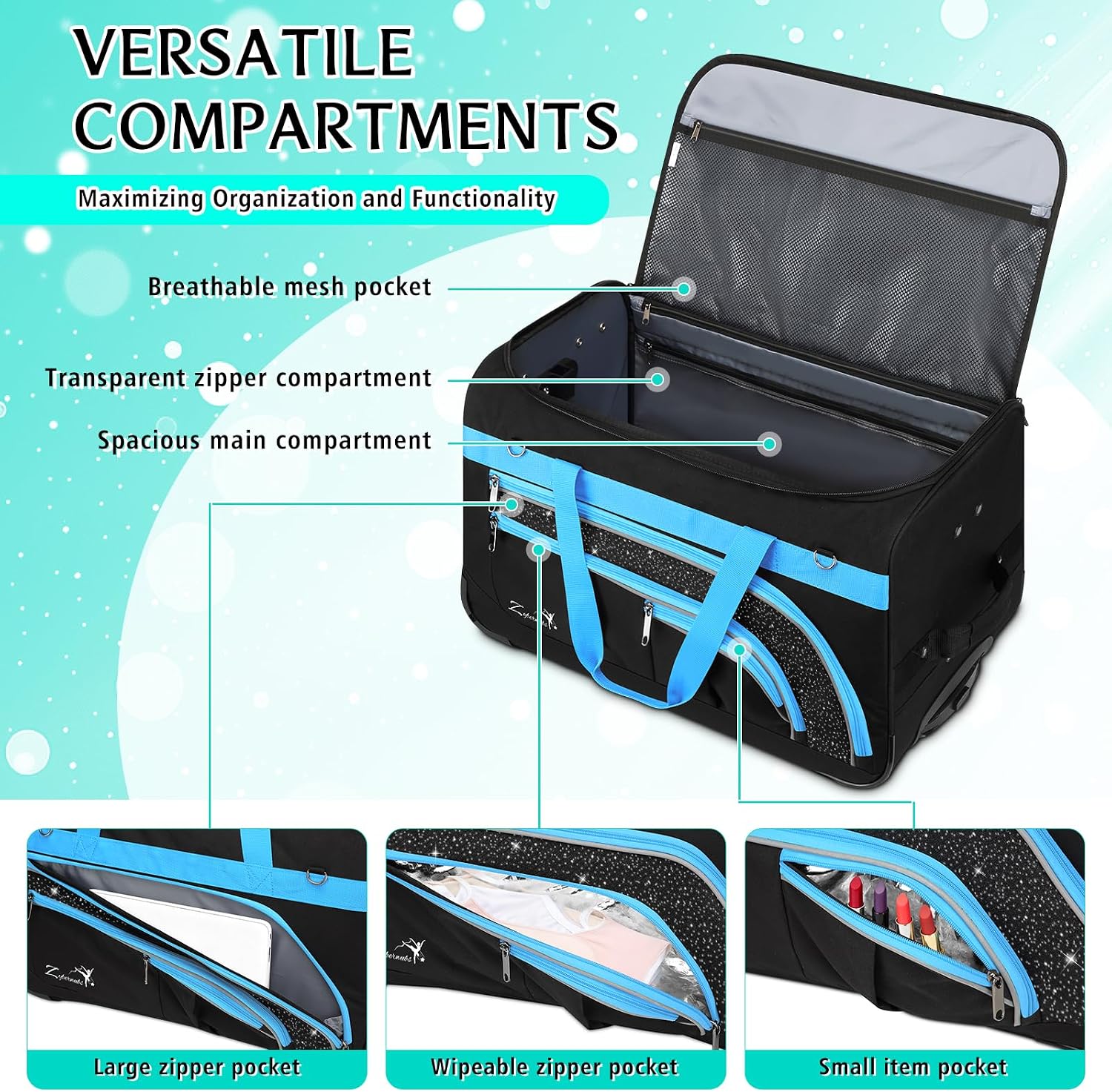 Dance Bag with Garment Rack - 28' Rolling Dance Competition Duffle Bag with Rack | Wheeled Dance Suitcase - Multiple Pockets for Dancers Cheerleader Athlete Travelers Livestreamer Cosplayer