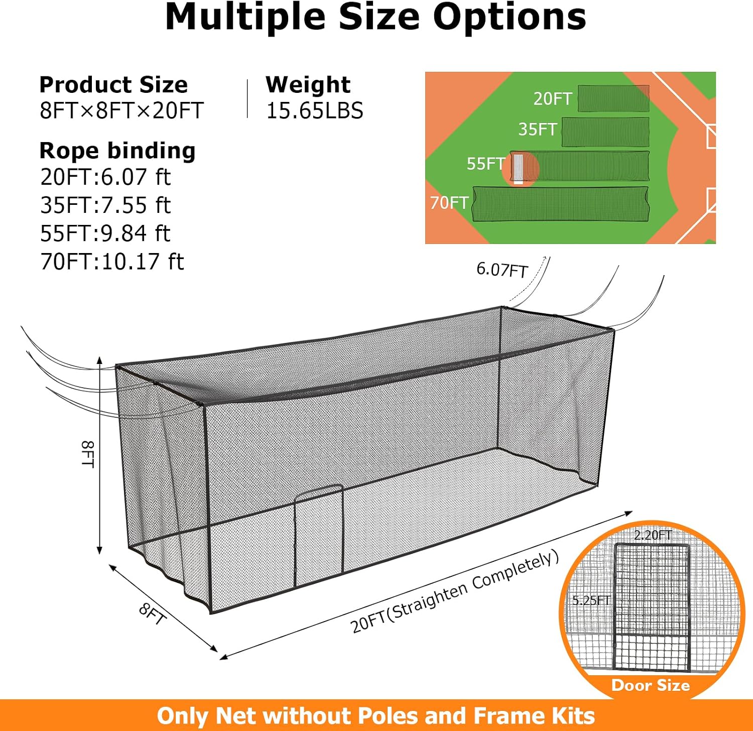 Batting Cage Net, UV-Stabilized HDPE, Black, 1-3/4' Square Mesh, Square-Hung, 1/4' Border Rope, Side Door – Baseball & Softball Netting – Sizes: 8x8x20ft,10x10x35ft,12x12x55ft, 12x14x70ft