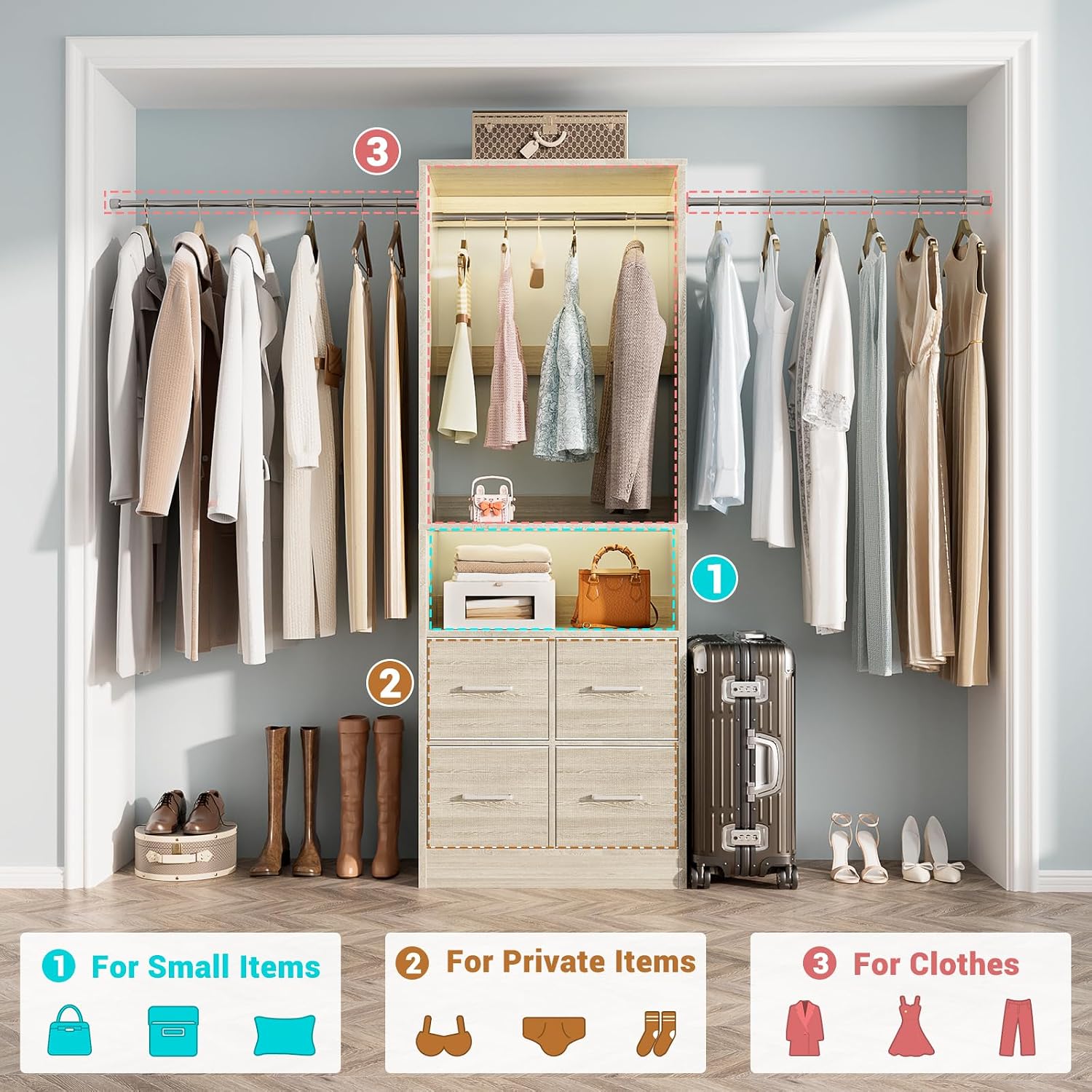 8FT Closet System, 96 Inch Closet Organizer System with 4 Fabric drawers, Heavy Duty Clothing Rack with Hanging Rods, Walk In Mounted Closet System, Built-In Clothes Garment Rack, Oak