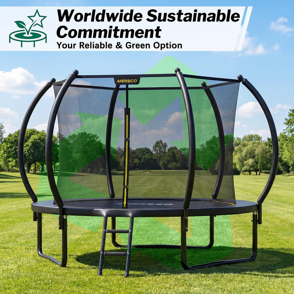 Mersco Trampoline Outdoor 10FT 12FT 14FT with Enclosure and Ladder, ASTM Approved Recreational Trampoline for Kids and Adults, Anti-Rust Coated Frame, Enhanced Weight Capacity