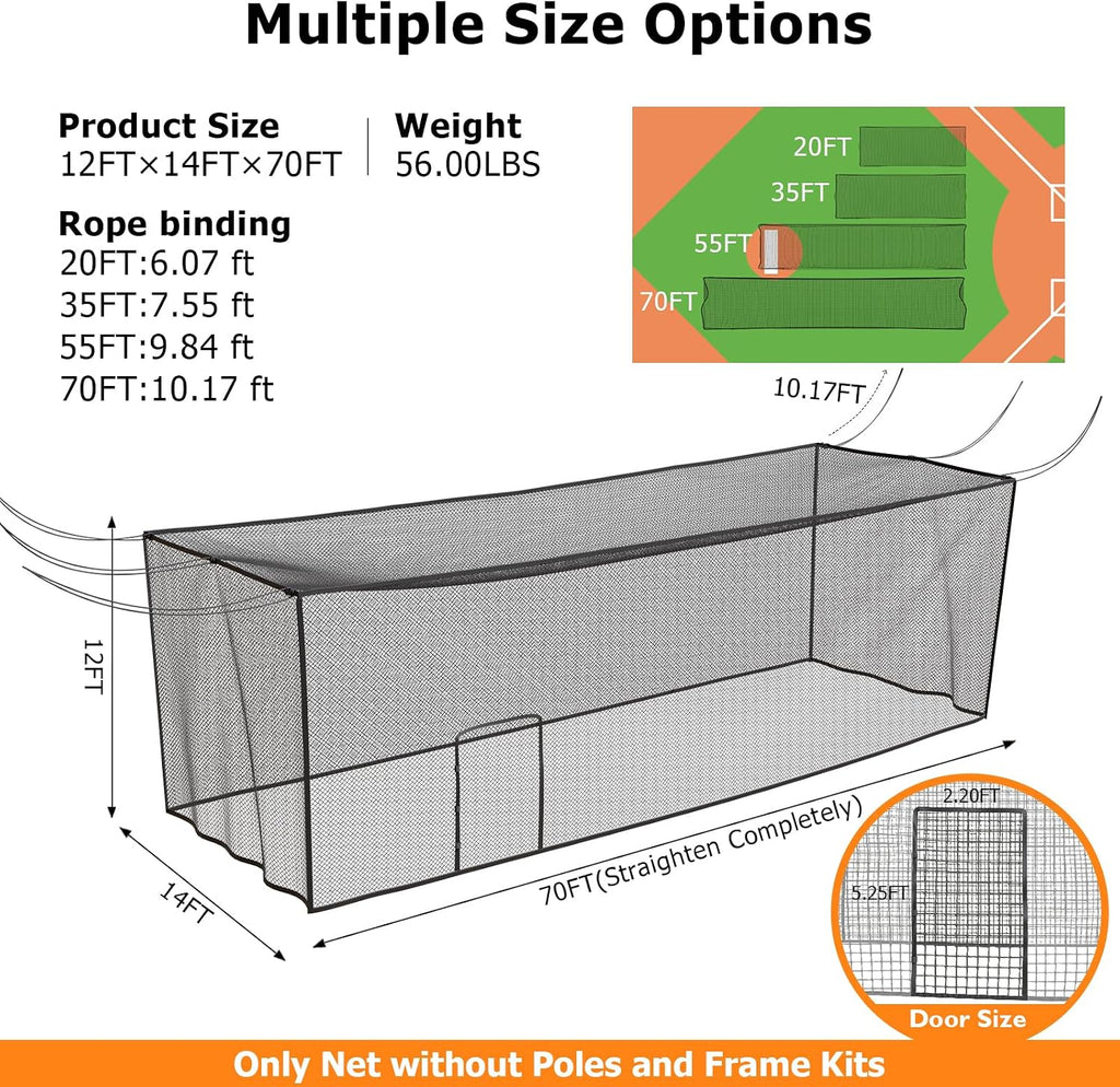 Batting Cage Net, UV-Stabilized HDPE, Black, 1-3/4' Square Mesh, Square-Hung, 1/4' Border Rope, Side Door – Baseball & Softball Netting – Sizes: 8x8x20ft,10x10x35ft,12x12x55ft, 12x14x70ft