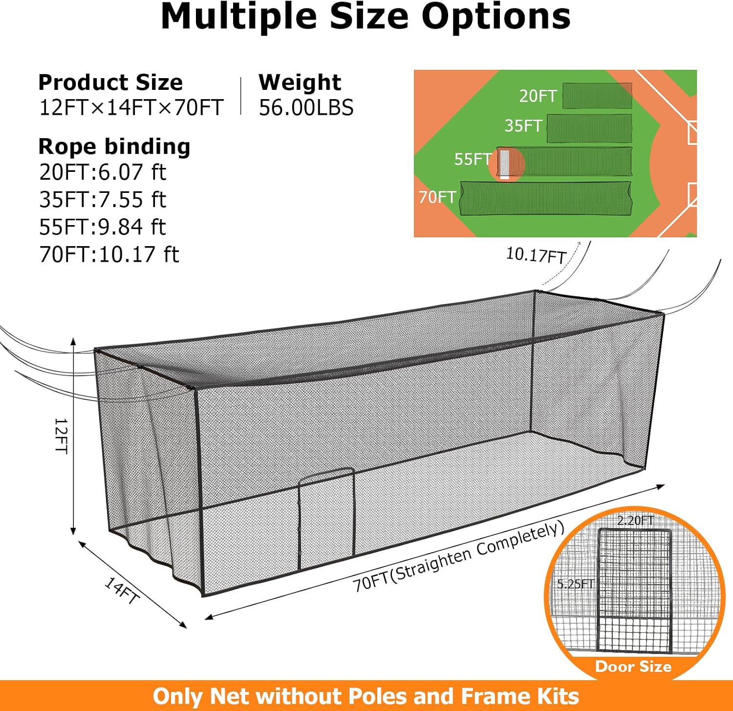 Batting Cage Net, UV-Stabilized HDPE, Black, 1-3/4' Square Mesh, Square-Hung, 1/4' Border Rope, Side Door – Baseball & Softball Netting – Sizes: 8x8x20ft,10x10x35ft,12x12x55ft, 12x14x70ft