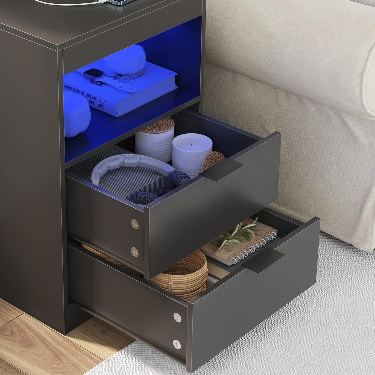 Tiptiper Black Nightstand Set of 2, LED Nightstand with Wireless Charging Station, Night Stand with Drawers & Pull-Out Shelf, Modern Bedside Table with Storage, End Table Side Table