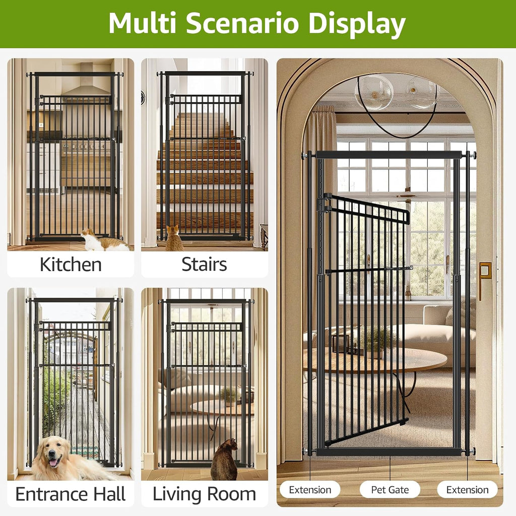 78.8' Extra Tall Cat Gate, 28.3-33' Wide Safety Metal Cat Door, Pressure Mounted Easy Walk Through Pet Gate with Door for Stairs, Doorways (Black)